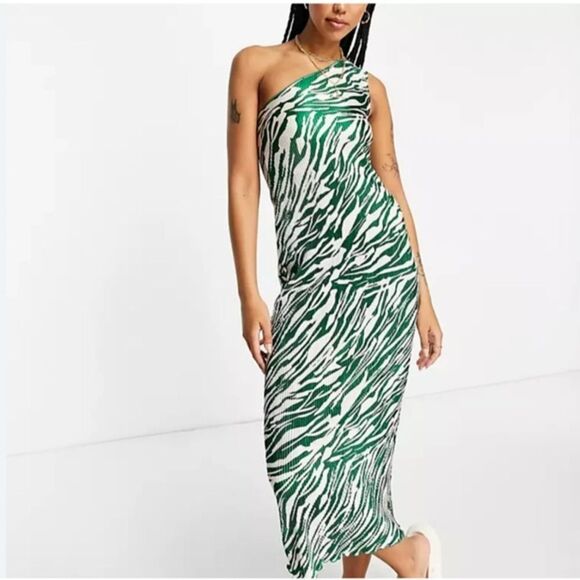 ASOS NEW Plissé Green Zebra One Shoulder Stretchy Accordion Maxi Dress Size 12 - Picture 1 of 7